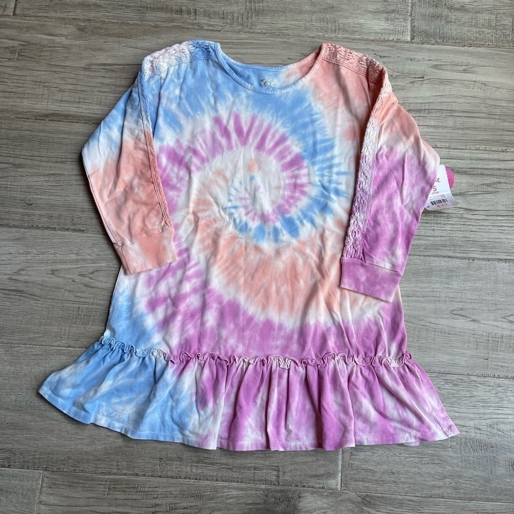 NWT Justice Girls Tie Dye Ruffle Hem Knit Sleeve Detail Pink/Orange/Blue SZ S